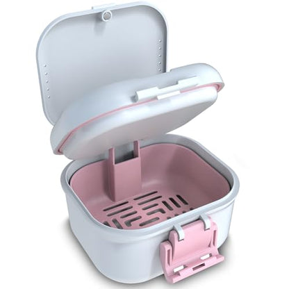 BVN Upgraded Leak Proof Denture Bath Cup with Strainer & Storage Compartment | Portable Soaking Case for Dentures, Braces and Travel Retainers - color: White+pink