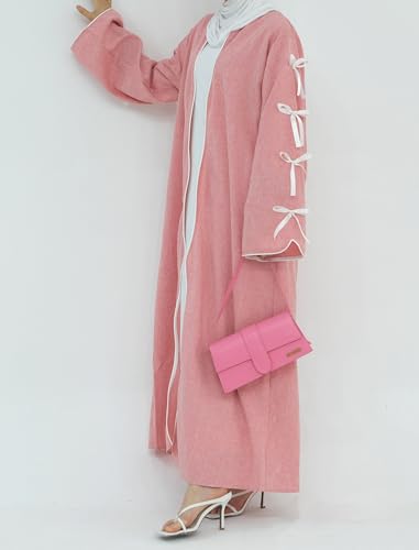 ODIZLI Women's Eid Abaya Dresses Long Sleeve Open Front Pearl Bowknot Prayer Dress Ramadan Cardigan Dubai Kaftan - color: Pink, size: Small