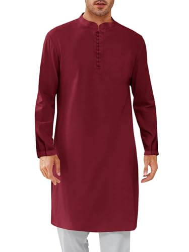 Runcati Mens Kaftan Thobe Button Down Henley Shirts Robe Long Sleeve Casual Cotton Linen Muslim Gown Shirt - color: Wine Red, size: X-Large