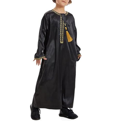 Muslim Dress for Boys Long Sleeve Striped Thobe Islamic Eid Ramadan Prayer Clothes Kids Lds Temple Dresses Muslim Arabic Robe - color: Black, size: 7-8 Years