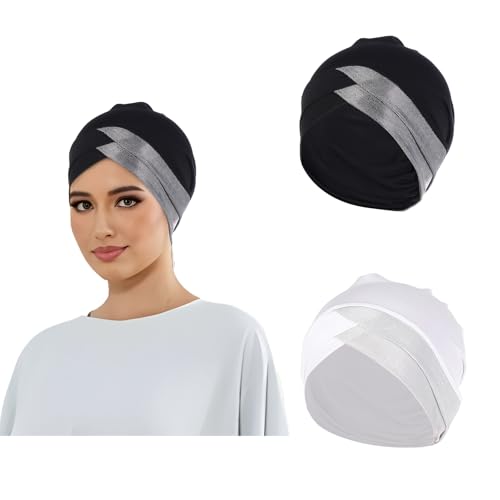 PURFUN 2 Pcs Muslim Inner Hijab Caps Women Girls Stretchy Breathable Full Cover Undercap Tube Bonnet Under Scarf Hats Beanie - color: White+deep Grey/2pcs