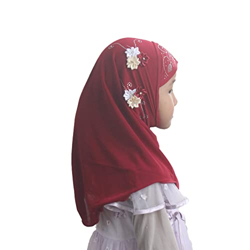 Instant Hijab for Kids Girls Hijabs Muslim Islamic Head Scarf with Rhinestone and Flowers - color: Red