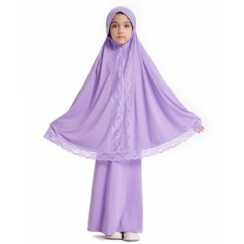 Girls Muslim 2 Piece Outfits Long Sleeve Prayer Full Cover Lace Hijab Dress Outfit Teen Soft Breathable Elastic Hooded - color: Purple, size: 3-4T
