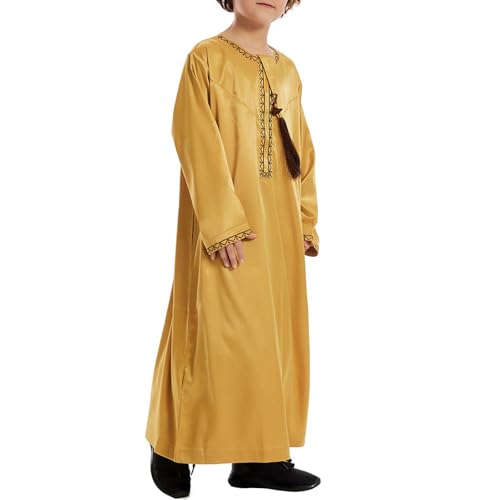 Boys Muslim Clothing Kids Prayer Outfits Long Sleeve Eid Dresses Embroidered Thobe Solid Color Crewneck Arabic Abaya - color: Yellow, size: 9-10 Years