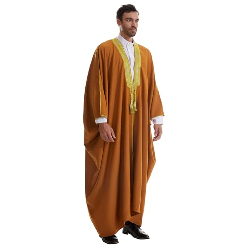 Muslim Men Thobe Thick Golden Tassel Muslim Prayer Cardigan Eid Open Abaya - color: Camel, size: Medium