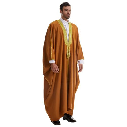 Muslim Men Thobe Thick Golden Tassel Muslim Prayer Cardigan Eid Open Abaya - color: Camel, size: Medium