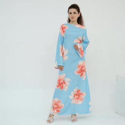 FYMNSI Womens Muslim Dresses Bell Sleeve Floral Butterfly Abaya Modest Dubai Kaftan Islamic Dress Eid Ramadan Prayer Clothes - color: Light Blue, size: Large