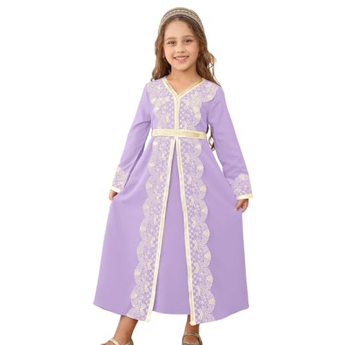 Kids Girls Ramadan Muslim Lace Trim Maxi Dress with Belt Prayer Arabic Kaftan Dubai Islamic Eid Dresses - color: Purple, size: 8-9 Years