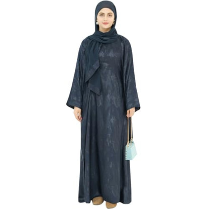 khalat Abaya Muslim Dress Women Satin Jacquard Prayer Dress Batwing Long Sleeve Islamic Dubai Robe with Chiffon Hijab - color: Blue