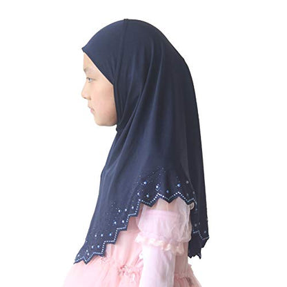 Girls Hijab with Rhinestones – Sparkly Non-Slip Amira Scarf for Kids, for Daily Prayer, School, Ramadan & Eid (Ages 4-12) - color: Navy Blue