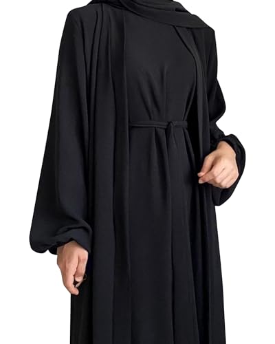Women's Muslim Dress Two Pieces Set Islamic Prayer Abaya Modest Solid Color Muslim Outfits - color: Black Abaya and Black Hijab, size: Large