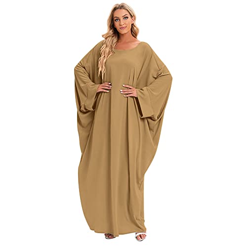 Muslim Dress for Women Pakistani Kaftan Abaya Robe + Hijab Arabic Islamic Prayer Clothes Dubai Outfits - color: Khaki Set