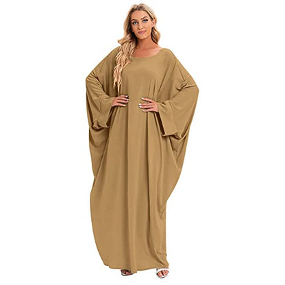 Muslim Dress for Women Pakistani Kaftan Abaya Robe + Hijab Arabic Islamic Prayer Clothes Dubai Outfits - color: Khaki Set