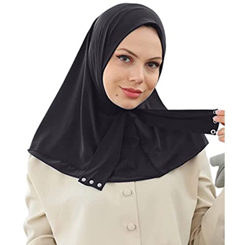 AIBEARTY Women Fashion Instant Muslim Turban Hijab with Snap Fastener Breathable Headscarf Bonnet Cap Turban Hat Shawl - color: Modal Black-3 Buttons