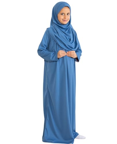 Prien Kids Prayer Dress Muslim Clothes for Girls Long Sleeve Abaya with Hijab Two Piece Maxi Islamic Set Scarf Kaftan Jilbab - color: Indigo