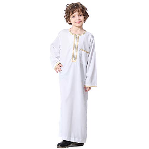 XINNI Arabic Thobe Muslim Thobe Long Sleeve Kaftan Crew Collar Robe with Zipper for Boy - color: White, size: 4-5T