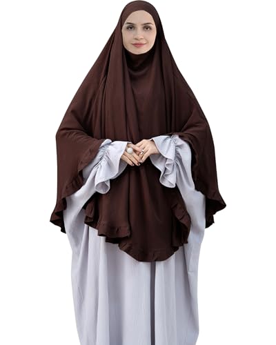 Muslim Prayer Hijab Solid Color Ruffled Head Scarf Women Islamic Head Cover Khimar - color: Dark Coffee