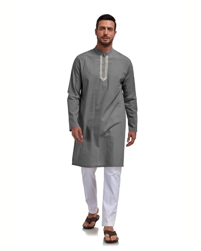 Jacansi Men's Cotton Linen Kaftan Thobe, Button Henley Long Sleeve Muslim Dress Robe - color: Dark Grey, size: X-Large