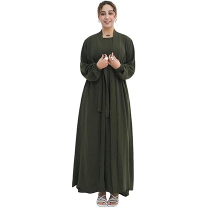 Women's Muslim Dress Two Pieces Set Islamic Prayer Abaya Modest Solid Color Muslim Outfits - color: Army Green Abaya, size: Large