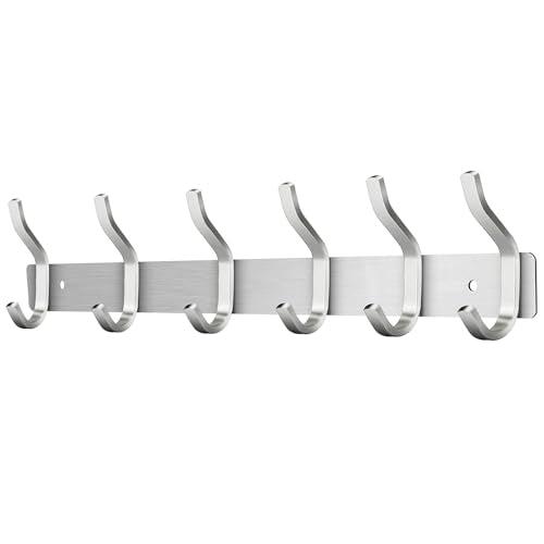 17 Inch Coat Rack Wall Mount with 6 Hooks, Silver Wall Hook Rack | Wall Hooks for Hanging Backpack, Bag, Purse, Clothes, Hat, Coat, Towel | Entryway & Bathroom Storage Organization Hanger - color: Silver, size: 6 Hooks