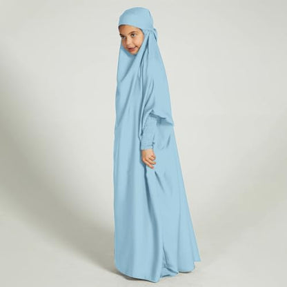 ODIZLI Muslim One Piece Prayer Hijab Dress Women Hooded Abaya Full Cover Islam Dubai Modest Robe - color: Light Blue Kids, size: 8-9 Years