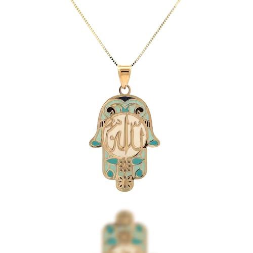 14K Solid Gold Pendant Necklace Hand-Painted Abstract Hamsa Hand and Allah Calligraphy (Evil Eye) - Gift for Men, Women, Daughter, Son, Unisex Adults, Kids - color: Light Green Fatima Hand w/ Allah Calligraphy, style: Pendant w/ Cuban Link 20"