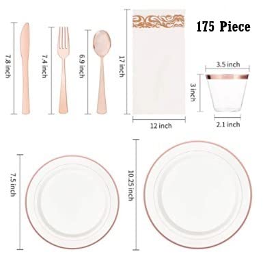 Rose Gold Plastic Dinnerware set 175 Pieces- 50 Rose Gold Rim Plastic Plates - 25 Rose Gold Plastic Silverware - 25 Rose Gold plastic Cups - 25 Fancy Napkins - Party of 25