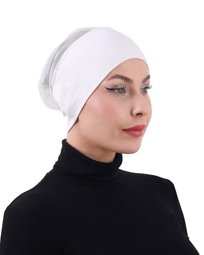 FabNest Chemo Headwear for Men & Women Breathable Cotton Blend Non Slip Cap - color: White