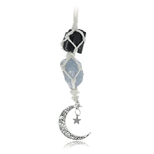 BOHO GARDEN Hanging Car Charm - Black Tourmaline & Blue Calcite - Dangling Moon & Healing Crystal Accessories, Rearview Mirror Decorations - Confidence, Calmness, Creativity, Protection, Communication - color: Tourmaline-blue Calcite