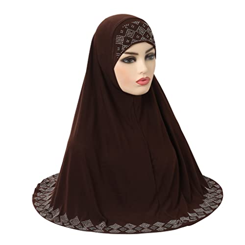 ZGMYC Women Shiny Rhinestones Muslim Hijab Elegant Long Turban Cap Head Wrap Scarf - color: Coffee