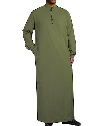 Jacansi Men's Muslim Buttoned Thobe Long Tunic, Oversized & Extra Long, Arabic Style with Pockets - color: Army Green, size: XX-Large