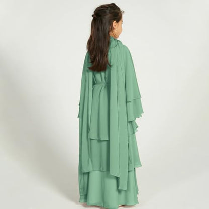 Chiffon layered Open Abaya Dubai Kaftan Muslim Cardigan Abayas Dresses For Girls Casual Robe Kimono Islam Clothing - color: Mint Green, size: 9-10 Years