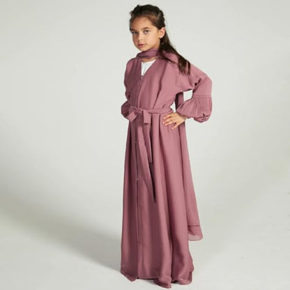 Kids Girls Muslim Abaya Long Sleeve Snap Front Maxi Dress with Belt Robe Kimono Dubai Hijab Dress - color: Dark Pink B, size: 4-5 Years