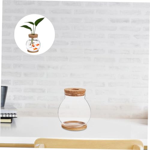 Small Glass Fish Bowl with Wood Lid, Hydroponic Desktop Aquarium Tank 10x11cm with Mat, Mini Planter Fish Tank for Home and Office Decoration