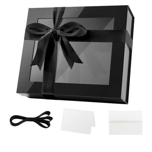 PACKQUEEN Extra Large Magnetic Black Gift Box with Window 16.3x14.2x5 In - color: Black-16.3x14.2x5 Inches-Pack of 1