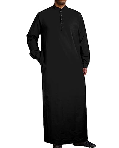 Jacansi Men's Muslim Buttoned Thobe Long Tunic, Oversized & Extra Long, Arabic Style with Pockets - color: Black, size: 3X-Large