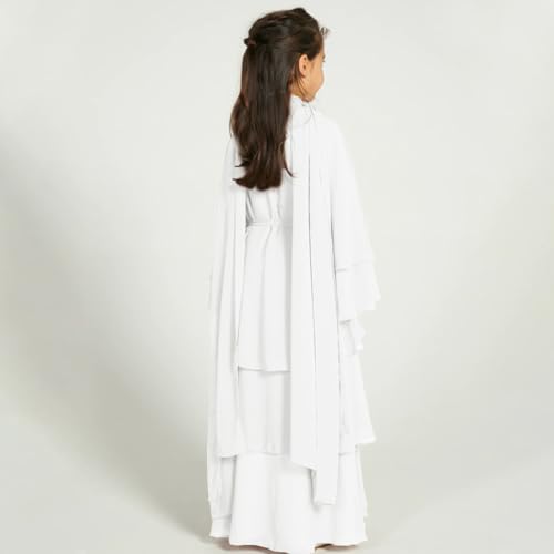 IDOPIP Muslim Girls Abayas Dress for Kids Long Sleeve Chiffon Islamic Kaftan Robe Open Front Cardigan Prayer Dress with Hijab - color: White, size: 3-4T