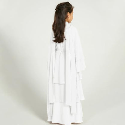 IDOPIP Muslim Girls Abayas Dress for Kids Long Sleeve Chiffon Islamic Kaftan Robe Open Front Cardigan Prayer Dress with Hijab - color: White, size: 3-4T