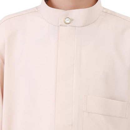 Boys Muslim Abaya Thobe Long Sleeve Cotton Islamic Prayer Kaftan Clothes Teen Kids Ramadan Plain Soft Festive Thobe - color: Beige, size: 3-4T