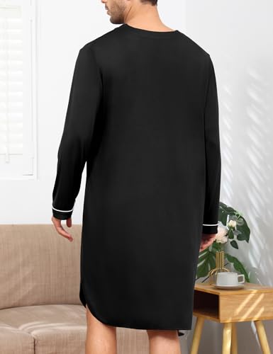 SWOMOG Men's Nightshirt Long Sleeve Nightgown Soft Loose Sleepwear Lightweight Nightwear Comfy Henley Sleep Shirt M-3XL - color: Black, size: Medium