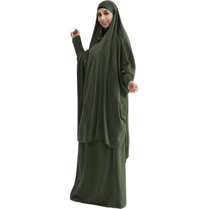 Muslim Women Abaya Two Pieces Set Prayer Dress Elasticated Sleeves Islamic Robe Modest Full Cover Prayer Clothes - color: Army Green