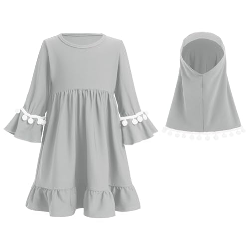 IWEMEK Infant Baby Girl Prayer Dress Kids Muslim Clothes for Toddler Girls Abaya with Hijab Ruffle Islamic Eid Ramadan Outfit - color: Gray, size: 2-3 Years
