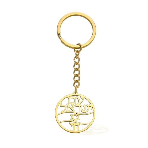 VASSAGO Star of David Keychain Stainless Steel Jewish Chai Keyrings Am Yisrael Hebrew Amulet Jewelry Gift for Women Men - color: Gold