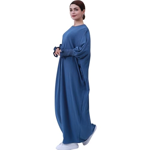 Lenmipot Islamic Women Jilbab Abayas Muslim Abaya Dress for Women Middle East Kaftan Dubai Dress Eid Prayer Clothes - color: Misty Blue