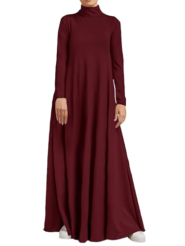 WSPLYSPJY Women High Neck Abaya Muslim Dress Solid Color Prayer Robe - color: Wine Red, size: X-Large