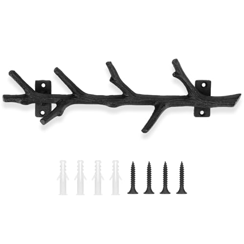 12" Cast Iron Tree Branch Vertical Coat Hat Rack Wall Mount Heavy Duty Decorative Coat Hook Rustic Hangers for Coats Bags Hats Key Entryway Bedroom Hallway Bathroom Storage (Black,1 Pcs) - color: Balck