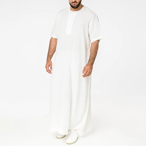 Muslim Thobe for Men Islamic Robe Kaftan Long Sleeve Jubba Arabic Gown Cotton Linen Loose Fit Ramadan A20 - color: White, size: X-Large