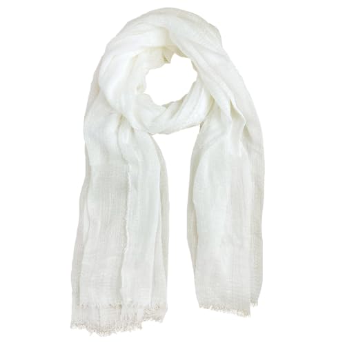 Summer Cotton Blend Crinkle Vintage Soft Scarf with Fringed Edges 35" × 70" - color: White