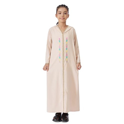 Kids Girls Abaya Muslim Long Sleeve Hooded Lace Embroidered Prayer Dress Arabic Kaftan Dubai Islamic Dresses - color: Beige Hoodies, size: 12-13 Years