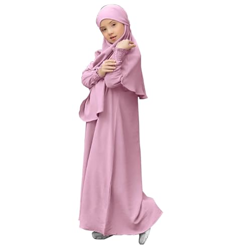 2PCS Girls Muslim Abaya Prayer Dress with Hijab Solid Color Islamic Middle East Arab Dubai Dress Ramadan Eid Burqa Clothes - color: A-pink, size: 5-6 Years